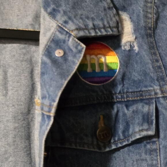 M&M Rainbow Vibes Denim Jean Jacket Large Pride Distressed - Picture 3 of 16